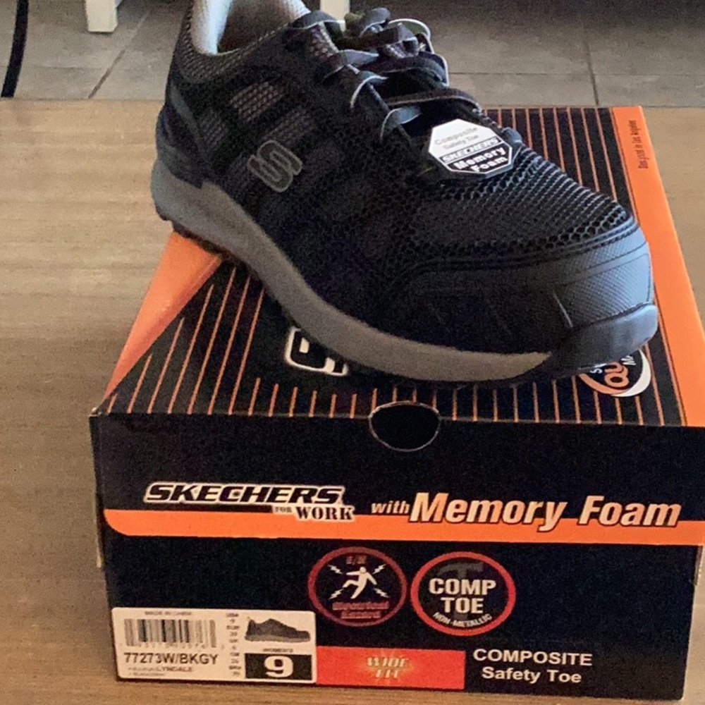 Ladies sketchers work shoe with safety toe.